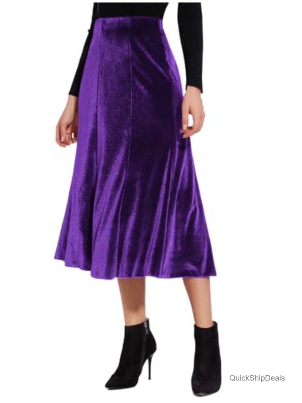 Elegant Velvet Midi Skirt 8-Panel Flowy High Waist Pull-On